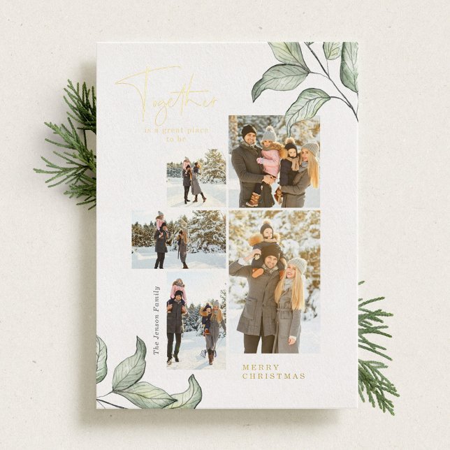 Together for Christmas 5 Photo Collage Gold Foil Holiday Card (Creator Uploaded)