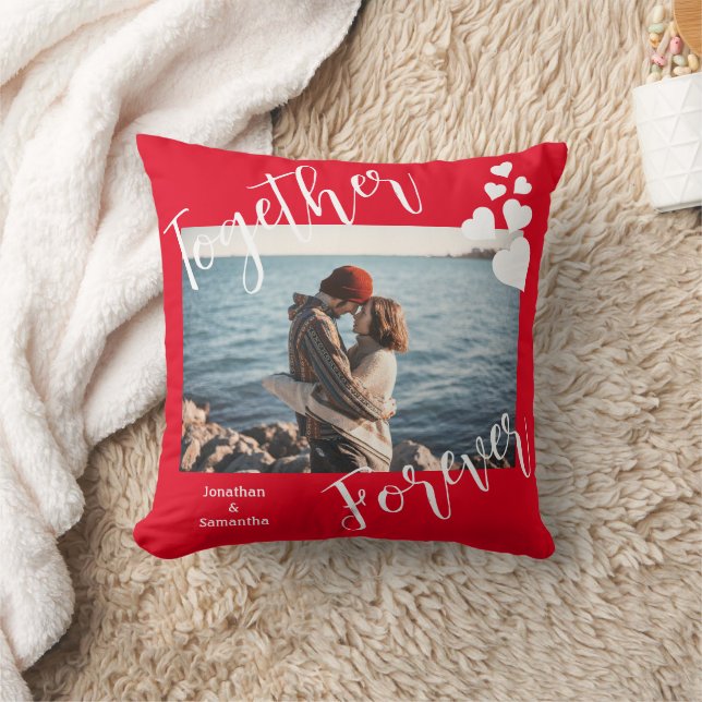 Together Forever Couple Photo with Love Hearts  Throw Pillow (Blanket)