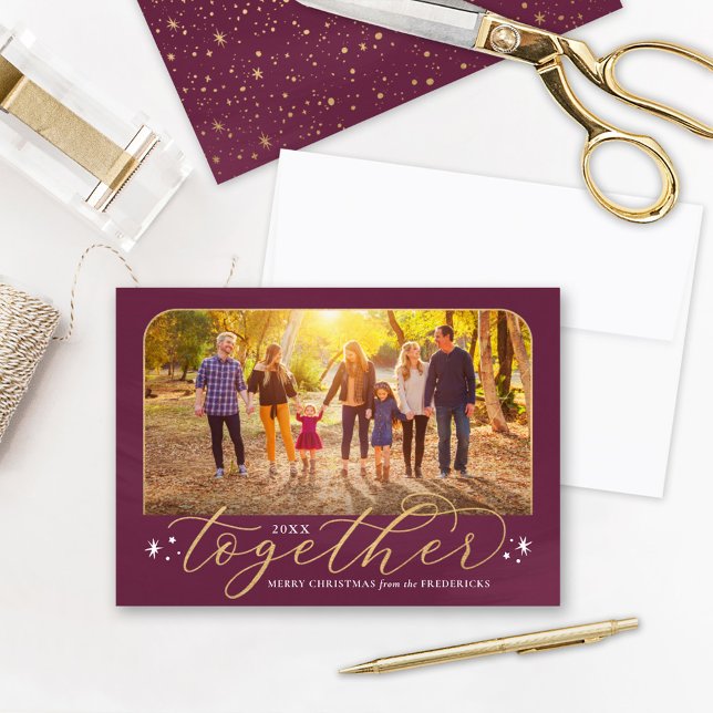 Together in 2025 Berry Wine and Gold Family Photo Holiday Card (Creator Uploaded)