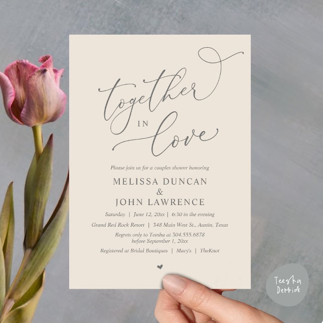 Together in Love, Romantic Couples Shower Party Invitation (Together in Love, Romantic Couples Shower Party Invitation Card PDF modern minimalist Cream Grey)