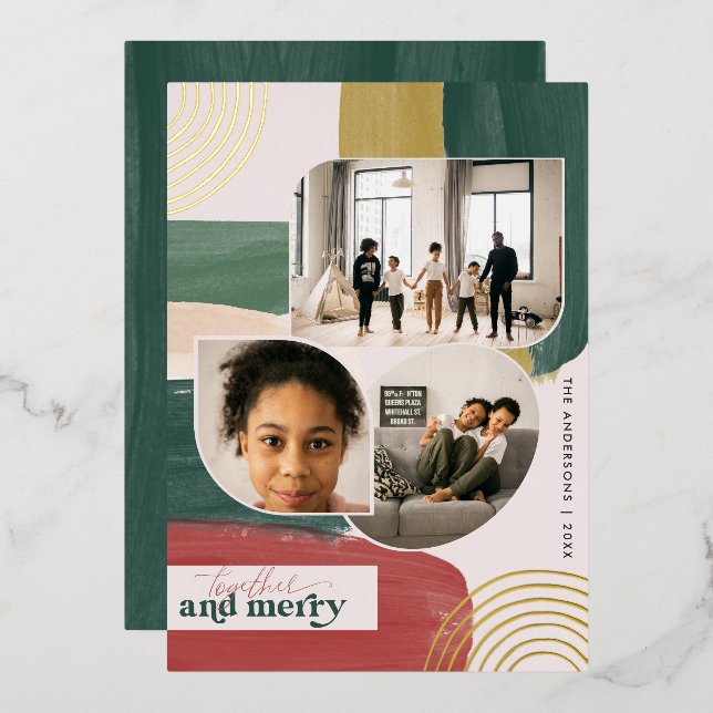 Together & Merry | Modern Abstract Photo Christmas Foil Invitation (Front/Back)