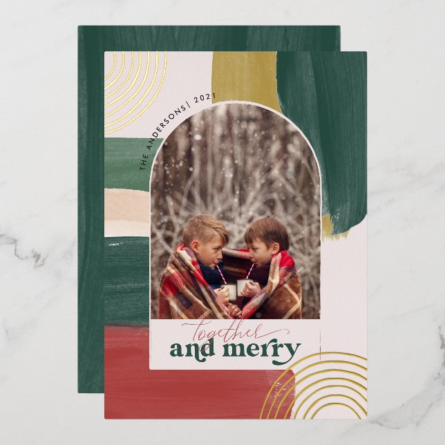 Together & Merry | Photo Arch Modern Christmas  Foil Invitation (Front/Back)