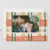 Together Modern Peach Green Watercolor Plaid Photo Holiday Card (Front)