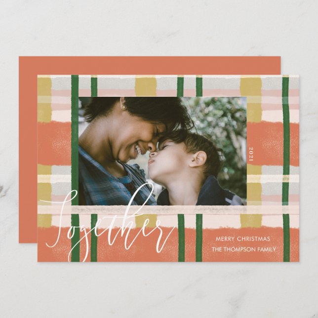 Together Modern Peach Green Watercolor Plaid Photo Holiday Card (Front/Back)