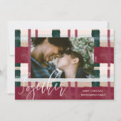 Together Modern Red & Green Watercolor Plaid Photo Holiday Card (Front)
