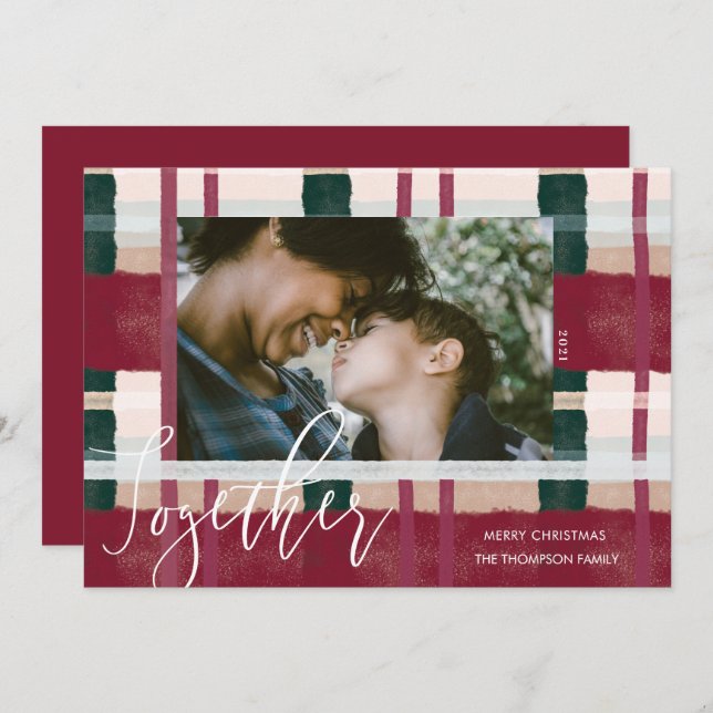 Together Modern Red & Green Watercolor Plaid Photo Holiday Card (Front/Back)