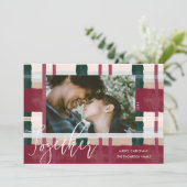 Together Modern Red & Green Watercolor Plaid Photo Holiday Card (Standing Front)