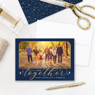 Together Navy and Gold Family Photo Holiday Card
