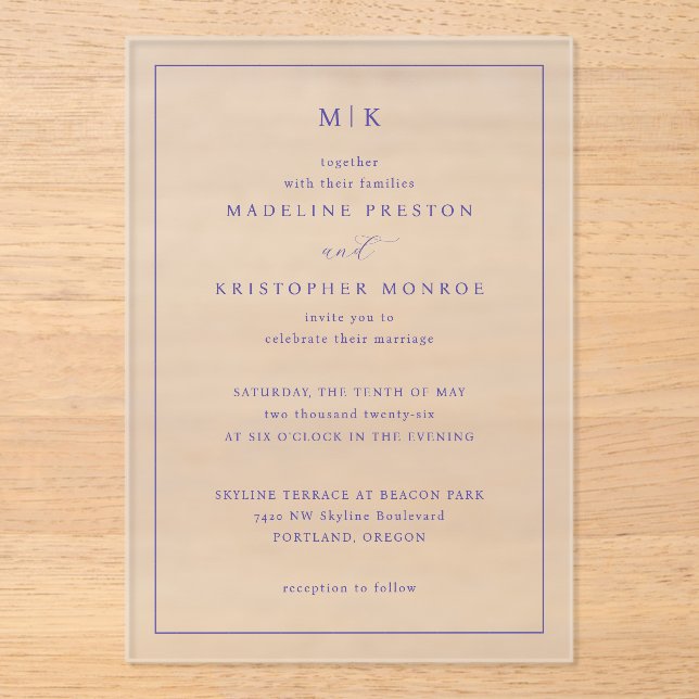Together Navy Blue Serif Elegancy Acrylic Invitations (Front)