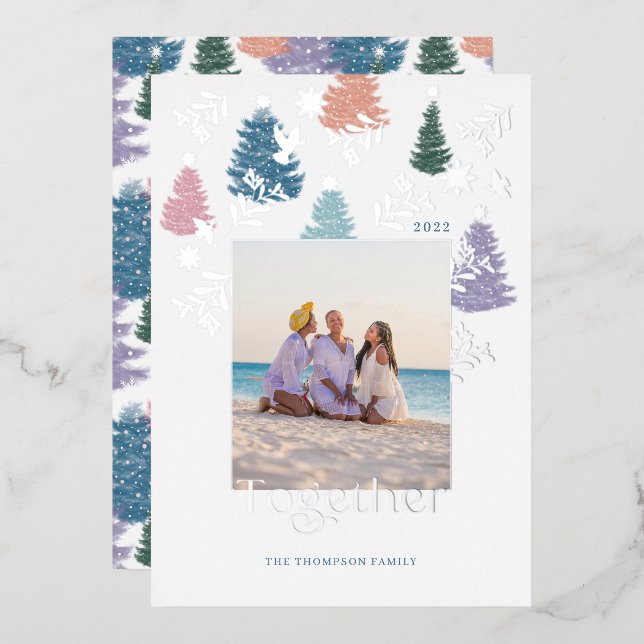 Together Pastel Christmas Tree Forest Family Photo Foil Holiday Card (Front/Back)