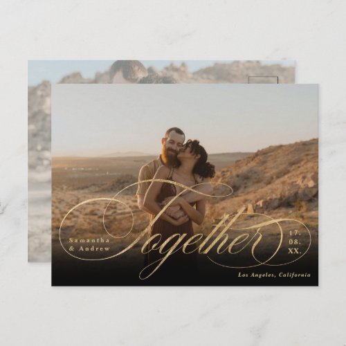 Together script elegant 2 photo gold save the date postcard