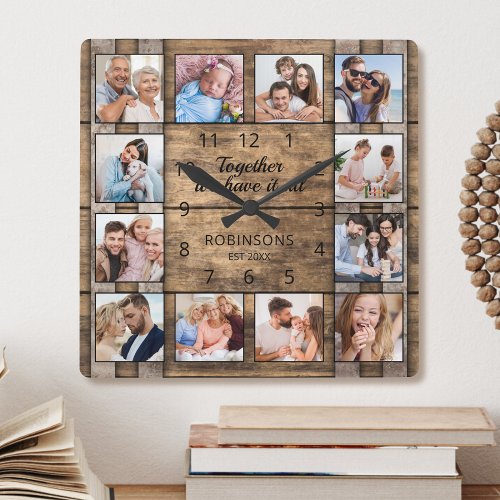 Together We Have It All Family Photo Wooden Barrel Square Wall Clock