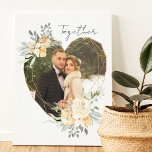 Together Wedding Photo in Geometric Floral Heart F Canvas Print<br><div class="desc">Custom Photo Canvas displaying your favorite photo in a geometric heart shaped gold frame. The frame is decorated with watercolor bouquets of cream and apricot flowers. It is lettered with the word "together" in elegant casual, handwritten script on a neutral, almond white background, all of which you can edit if...</div>