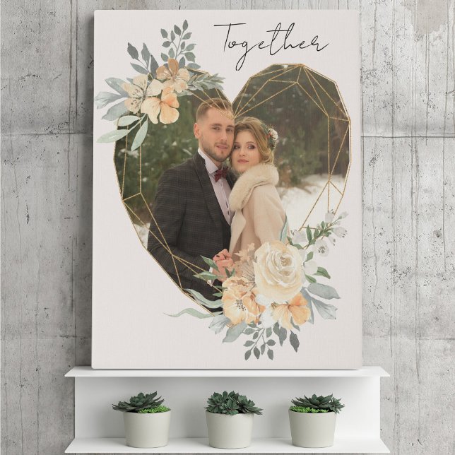 Together Wedding Photo in Geometric Floral Heart Faux Canvas Print (Creator Uploaded)