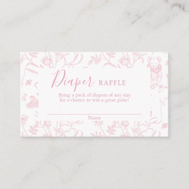 Toile Bear Baby Shower Girl Diaper Raffle Card (Front)