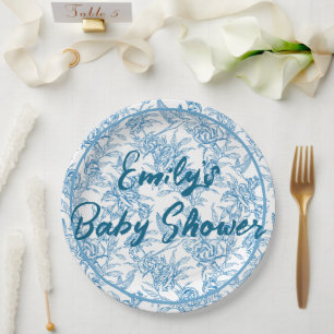 Toile bird and floral Custom Name Baby Shower I Do Paper Plates