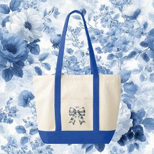 Toile Blue and White Bow Contrast Trim Tote Bag