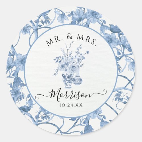 Toile Blue and White Mr and Mrs Floral Wedding Classic Round Sticker