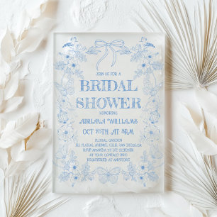 Toile Blue Bow Bridal Shower Invitation
