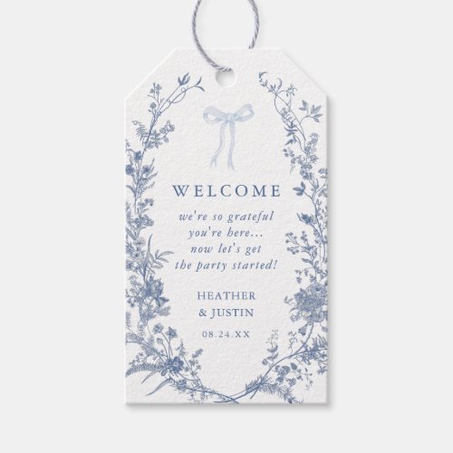 Toile Blue Bow Floral Wedding Welcome  Gift Tags