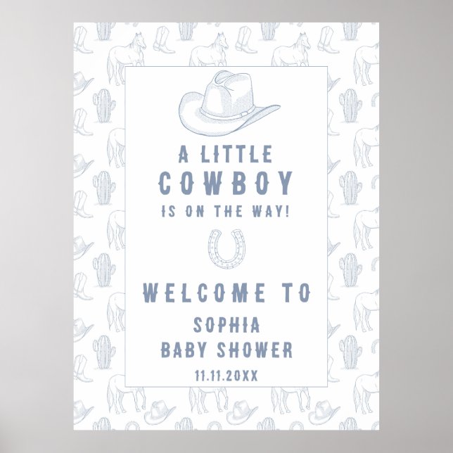 Toile Blue Cowboy Welcome baby shower Poster (Front)