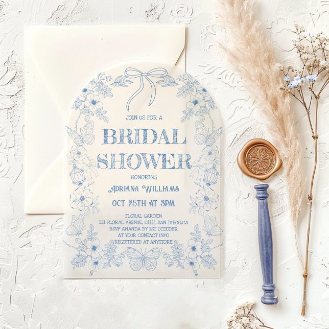 Toile Blue Floral Bow Bridal Shower Acrylic Invitations (Creator Uploaded)