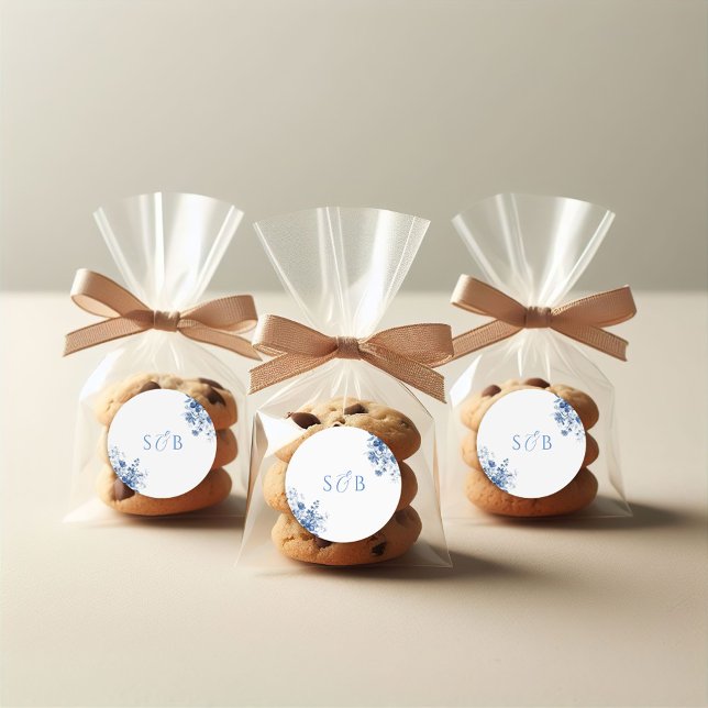 Toile Blue Floral Round Wedding Sticker Initials (Creator Uploaded)