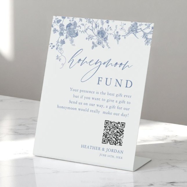 Toile Blue Floral Wedding Honeymoon Fund Pedestal Sign (Creator Uploaded)