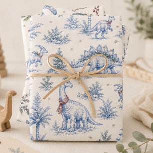 Toile Blue Prehistoric Christmas Dinosaur Wrapping Paper Sheets