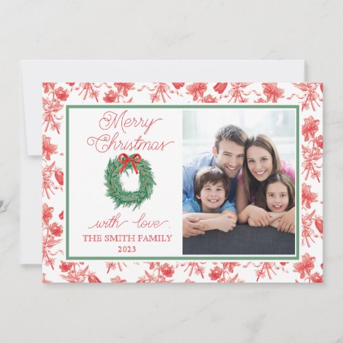 Toile Bow Wreath Christmas Card