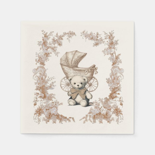 Toile Brown Teddy Bear Carriage Baby Shower Napkins (Front)