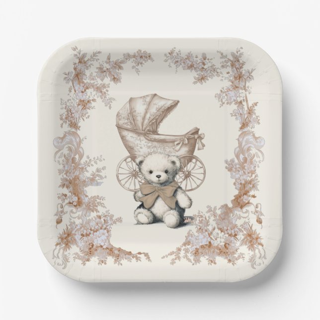 Toile Brown Teddy Bear Carriage Baby Shower Paper Plates (Front)