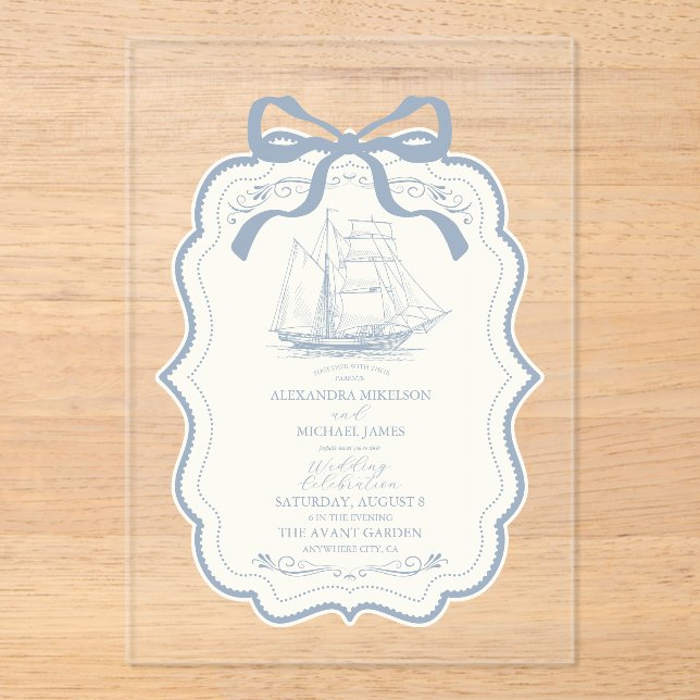 Toile Chic Nautical  Bow Wedding Acrylic Invitations (Front)
