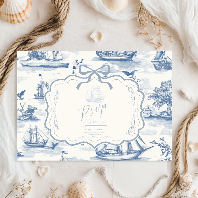 Toile Chic Nautical  Bow Wedding RSVP Card (Creator Uploaded)
