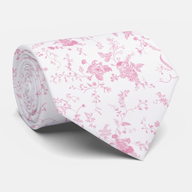 Toile Chinoiserie Vintage Pink Floral  Neck Tie (Rolled)