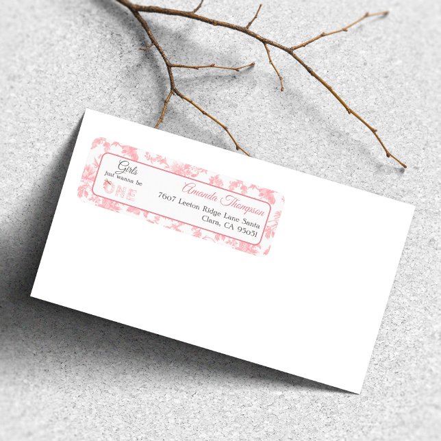Toile Coquette Pink Bow First 1st Birthday Address Label (Creator Uploaded)