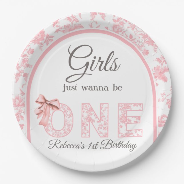 Toile Coquette Pink Bow Girl First 1st Birthday Paper Plates (Front)
