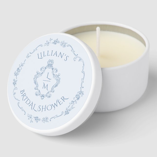 Toile Crest Dusty blue Bridal Shower Mini Candle Favors (Corner)