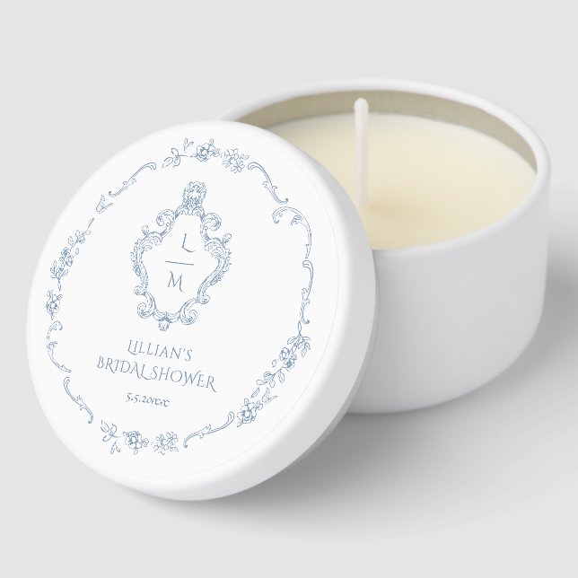 Toile Crest Dusty blue Bridal Shower Mini Candle Favors (Corner)