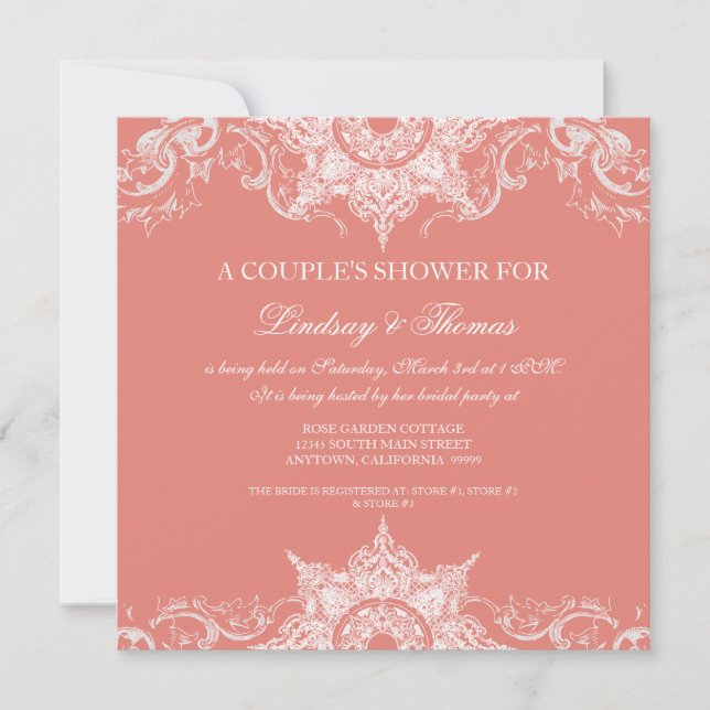 Toile Damask Swirl Couples Shower Coral Pink Invitation (Front)