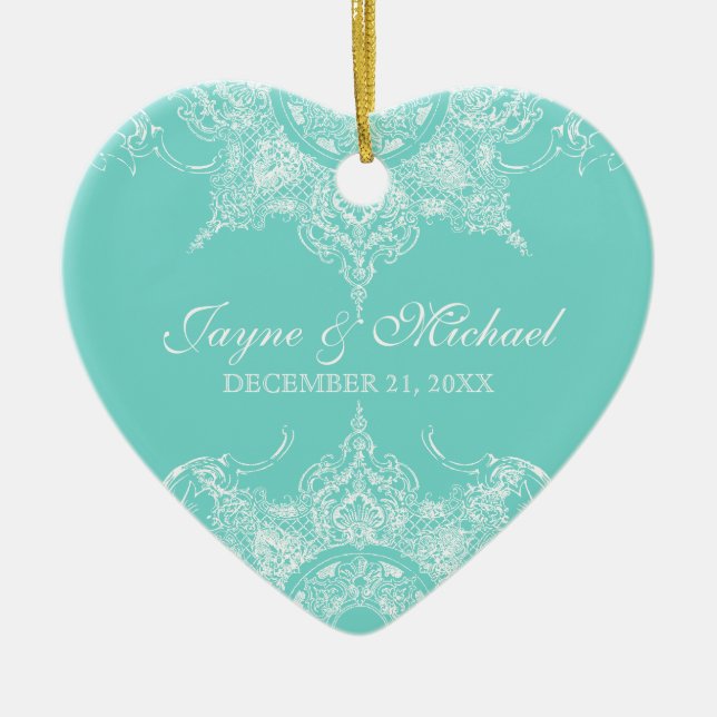 Toile Damask Swirl First Christmas Aqua Blue Ceramic Ornament (Front)