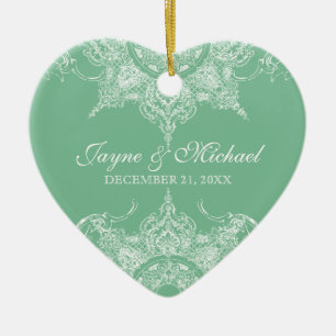 Toile Damask Swirl First Christmas Mint & White Ceramic Ornament