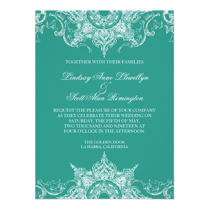 Toile Damask Swirl Wedding Invite Teal Green