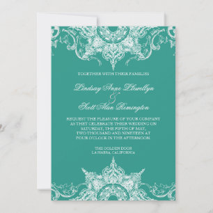 Toile Damask Swirl Wedding Invite Teal Green