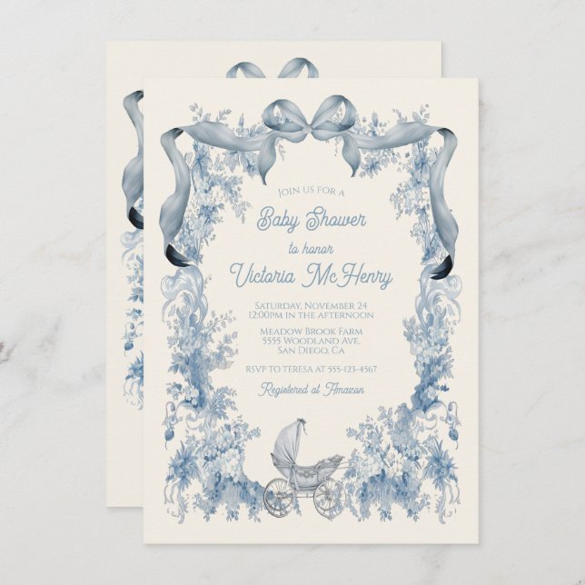 Toile De Joey Floral Bow Baby Shower Invitation (Front/Back)