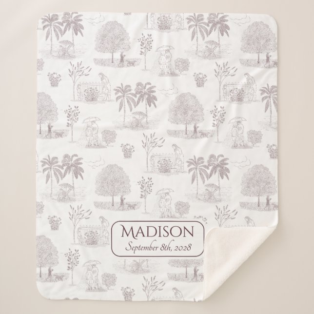 Toile de Jouy Baby Blanket with Name Birth Date (Front)