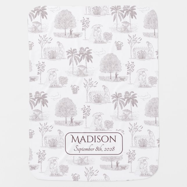 Toile de Jouy Baby Blanket with Name Birth Date (Front)