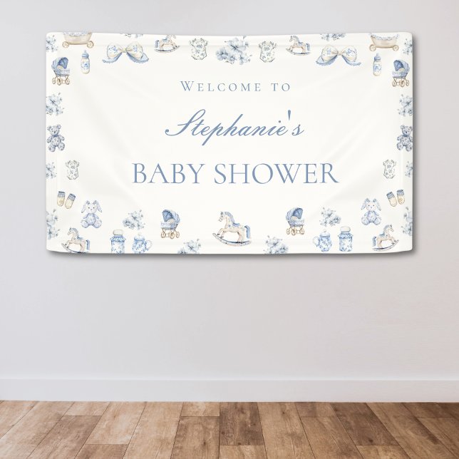 Toile De Jouy Baby Shower Blue Bow Boy Banner (Toile De Jouy Baby Shower Blue Bow Boy Banner)