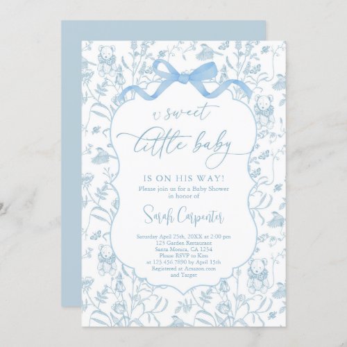 Toile De Jouy Baby Shower blue Bow Boy Invitation