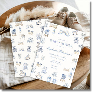 Toile De Jouy Baby Shower Blue Bow Boy Invitation